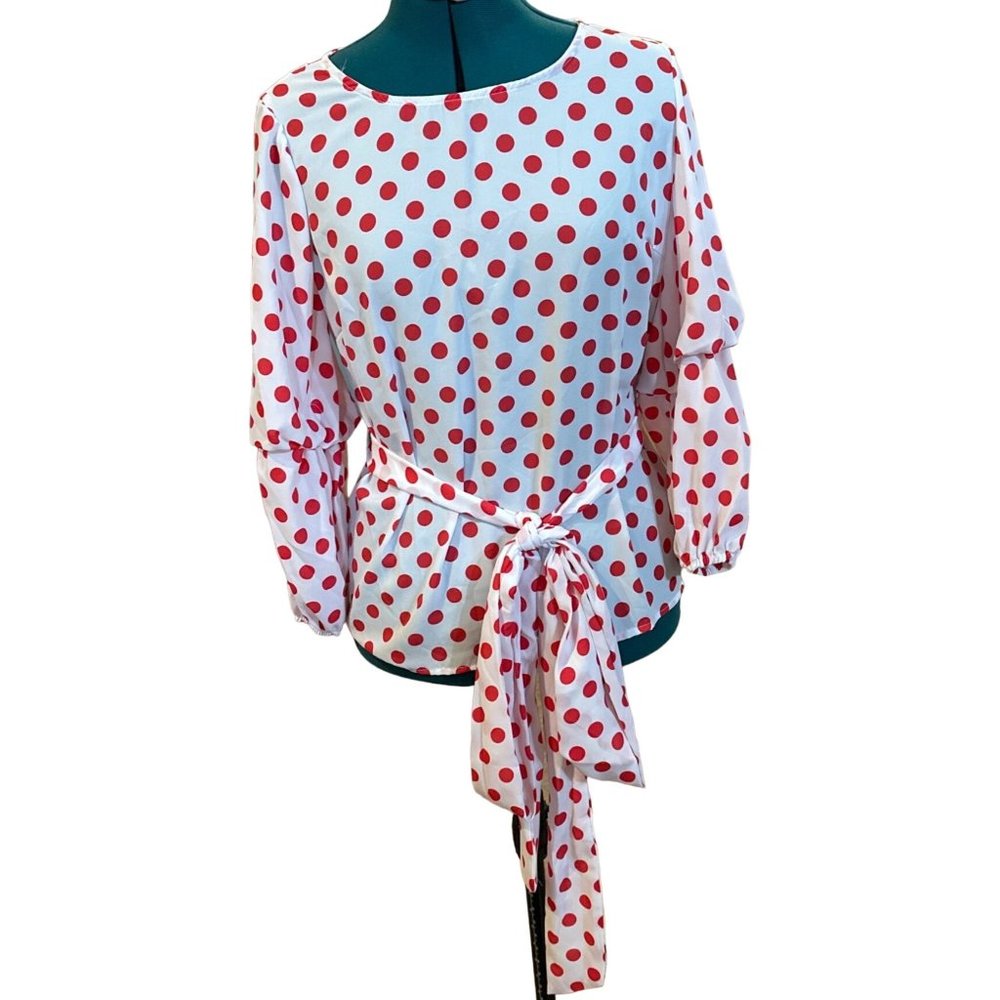New York & Company Blouse Red Polka Dots 100% Polyester Women's Size S (NWT)